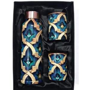 Ensemble cadeau de bouteille d'eau en cuivre à imprimé floral bleu avec deux verres en cuivre, collection de vaisselle design anti-fuite - Product Image 4