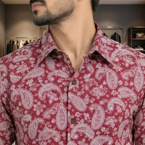<b>Men's</b> <b>Red</b> Paisley Batik Knitted Eco-Friendly Long Sleeve Casual <b>Shirt</b> Turn-down Collar 100% Cotton Breathable Summer Wear - Product Image 4
