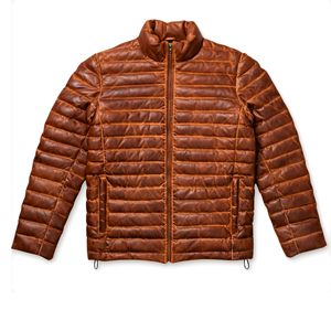 <b>Men's</b> Brown Genuine Leather puffer <b>Jacket</b> Stand Collar Zipper Closure Windproof <b>Smart</b> Casual Autumn Wear - Product Image 4