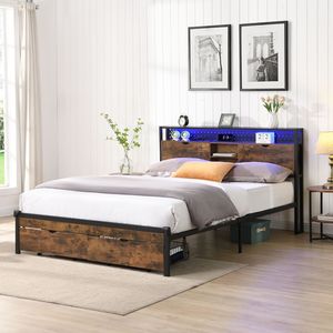 <b>King</b> <b>Size</b> Metal Platform <b>Bed</b> <b>Frame</b> <b>with</b> LED Lights USB Charging Station 2 <b>Drawers</b> Storage Wooden Headboard Footboard - Product Image 3