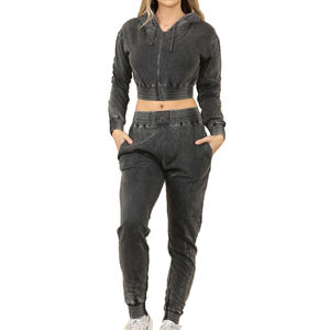 Conjunto Deportivo de Dos Piezas para Mujer, Estilo Vintage, Lavado Ácido, Algodón, Cierre de Cremallera, Diseño Sólido, Sudadera con Capucha Larga, Informal, para Invierno - Product Image 1