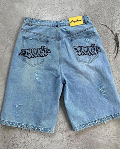 Shorts de mezclilla de cintura alta para verano, con logo 3D en relieve personalizado, dobladillo sin rematar, estilo oversize, lavado vintage Y2K, de tela gruesa - Product Image 2