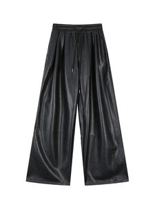 Pantalon croisé streetwear en cuir noir à boutons, taille mi-haute, pour femme, hiver, respirant, ample et fluide, longueur au sol - Product Image 5
