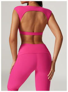 Ensemble 2 pièces pour femmes : soutien-gorge de sport rose uni à col en V et leggings évasés taille haute - Product Image 2
