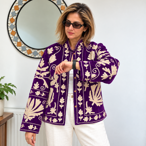 Blazer Reversible de Mujer, Estilo Boho Vintage, Tejido de Terciopelo Rojo, Bordado, Cuello Redondo, Manga Larga, Algodón Grueso, Diseño Floral - Product Image 4