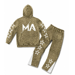 Ensemble de survêtement à capuche délavé à l'acide olive avec étoiles blanches et pantalon long à cordon de serrage 350 g/m² 100 % coton Streetwear - Product Image 2