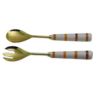 Stainless Steel Metal Salad <b>Server</b> With Polished Resin Amber Handles Large Serving Spoon And Fork Set For Gourmet Charioteer - Product Image 6