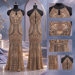 Luxury Art Deco Sequin Halter Gown Open Back Sleeveless High Slit Floor Length Embellished Evening <b>Dress</b> | Formal Party Wear New - Product Image 5