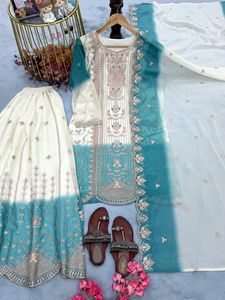 Ensemble prêt-à-porter pour soirée, haut en georgette bicolore avec broderie, pantalon palazzo et dupatta. - Product Image 3