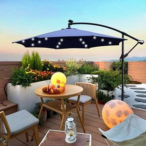 10 ft esterno a energia solare LED illuminato Patio ombrello impermeabile 8 costole a manovella Base croce parasole per giardino ponte cortile - Product Image 1