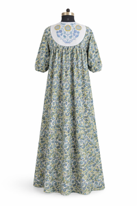 Floral Hand Block Print Long Dress Contrast Butta Yog Puffy Sleeves Cotton Maxi Gown Women Casual Handmade Professional Outfit - Product Image 2