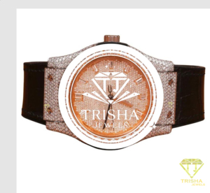 Montre Statement en or rose avec diamants Moissanite, bracelet en cuir marron et finition de luxe exclusive - Product Image 1