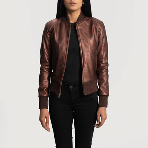 <b>Women's</b> <b>Brown</b> <b>Leather</b> Bomber <b>Jacket</b> Full Sleeve Zipper Closure Stand Collar Winter Style Waterproof Eco-Friendly Reversible - Product Image 2