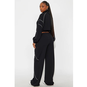<b>Women</b> Black Cropped Tracksuit Jacket With White Piping Stand Collar Zipper Front Loose Fit Full Sleeve Autumn Sporty Style - Product Image 4