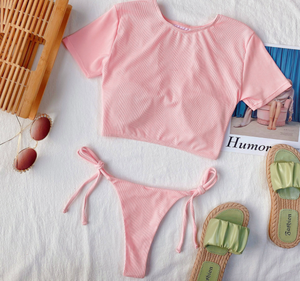 Maillot de bain côtelé deux pièces pour femme, haut à manches courtes et bas taille haute, ensemble de plage tendance # 2037 - Product Image 3