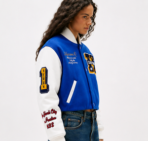 Chaqueta Varsity Azul y Blanca Off-White para Hombre, Estilo Casual, Parches con Letras Bordadas, Cuello Camisero, Poliéster/Algodón - Product Image 3