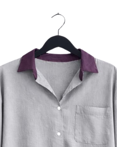 Ensemble deux pièces décontracté en coton et lin pour femme : chemise gris clair et pantalon large violet – Fabricant OEM personnalisé - Product Image 5