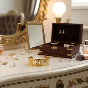 กำไลข้อมือทองเหลืองทำมือพร้อมลาย HOPE - ของขวัญเครื่องประดับสร้างแรงบันดาลใจสำหรับเธอ - กำไลทองแบบเปิดสไตล์มินิมอล - Product Image 1