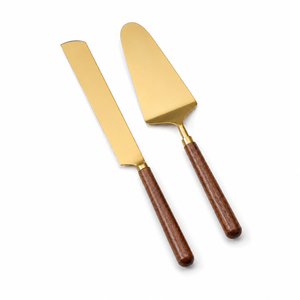 Ensemble de couteau et spatule à gâteau moderne doré, manches en bois, acier inoxydable poli miroir, couverts élégants pour gâteau de mariage, lavage à la main - Product Image 1