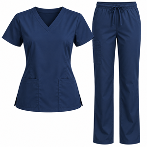 Conjunto de Uniforme Médico Azul Cobalto para Mujer, Blusa con Cuello en V y Manga Corta con Bolsillos, Pantalones Rectos con Cordón, Uniforme de Enfermería para Uso Diario - Product Image 3