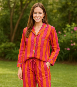Conjunto de pijama estampado para mujer, ropa de dormir de algodón a rayas, pantalones de manga larga, ropa cómoda para estar en casa - Product Image 1