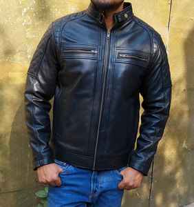 Chaqueta de Cuero Genuino para Hombre con Cierre de Cremallera, Forro de Tela No Tejida, Exterior de Lana/Viscosa, Ecológica, Estilo Vintage, Ropa de Invierno - Product Image 4