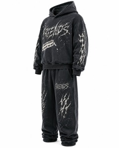 Ensemble de survêtement à capuche coupe classique en molleton de coton noir, style streetwear, imprimé dessin animé avec strass, pour homme, tenue d'hiver - Product Image 2