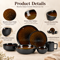 Ensemble de vaisselle en céramique à glaçure réactive, noir et marron, en grès, assiettes, bols, tasses, OEM ODM