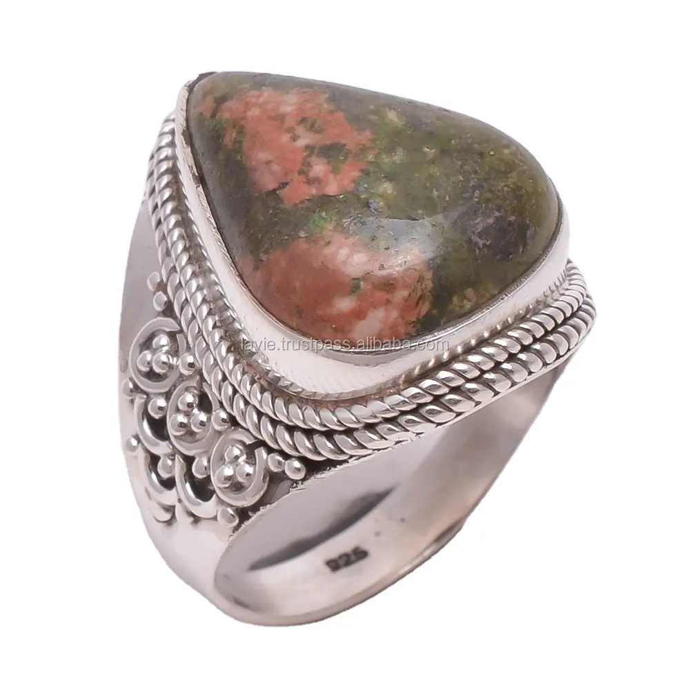 Natural unakite rings handmade fine jewelry 925 sterling silver wholesale jewelry Indian silver rings suppliers