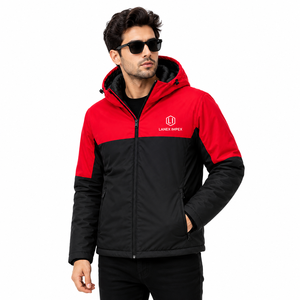 Custom Men's Winter <b>Waterproof</b> Hooded Puffer <b>Jacket</b> Windproof Insulated Outdoor Thermal Coat Two Tone Red Black Full Zip <b>Parka</b> - Product Image 1