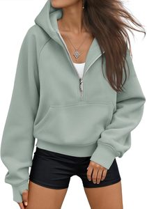 Sudadera con capucha unisex morada de moda con media cremallera, corte regular, de algodón polar, color liso, estilo oversize, para uso casual de otoño - Product Image 5
