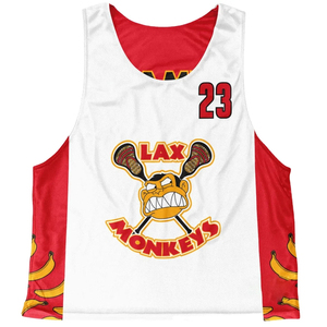 เสื้อกล้ามลาครอส Lax Monkeys สีขาวแดง พิมพ์ลายซับลิเมชั่น หมายเลข 23 โลโก้การ์ตูน สำหรับผู้ใหญ่ ใส่ได้ทั้งชายและหญิง ทรงปกติ - Product Image 1