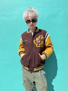 Unisex Varsity Jacket Brown Yellow Woolen Waterproof Embroidered Letter Logo <b>Turn</b>-down Collar Single <b>Button</b> Preppy Style Autumn - Product Image 6