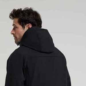Men's <b>Black</b> Hooded <b>Fleece</b> <b>Jacket</b> Zipper Closure Windproof Casual Solid Color Polyester Outerwear Regular Fit - Product Image 4