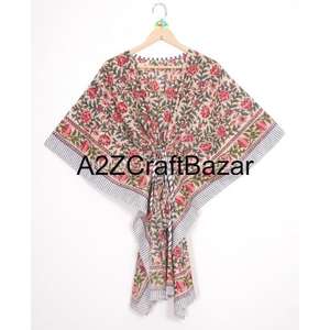 Vestido Kaftán de Algodón con Estampado, Vestido para Mujer Hecho a Mano en India, Hermoso Vestido Corto de Playa, Regalo para Ella - Product Image 6
