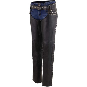 Samroz Sports Chaps de moto classiques en cuir noir pour femme avec design riveté, toutes saisons, fusion sans couture - Product Image 1