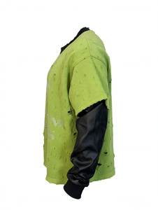 Custom OEM Rhinestone Graphic Lime Green Vintage Distressed Ripped Oversized Layered Leather Sleeve Men T <b>Shirt</b> Heavyweight - Product Image 5
