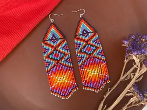 Pendientes de Cuentas Multicolores de SUPER CALIDAD, Pendientes de Cuentas Coloridos, Pendientes Tribales con Flecos, PARA BODA - Product Image 2