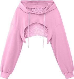 Sweat-shirt court à capuche rose, couleur unie, manches longues, tricoté en mélange de coton, style asymétrique Y2K, haut de printemps pour femme - Product Image 1