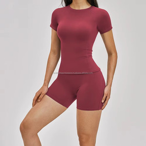 Women's 2 Piece Yoga <b>Set</b> <b>Square</b> Neck Short Sleeve Mid Waist Sweat-Wicking Solid Color Activewear Shorts Custom Front Print - Product Image 1