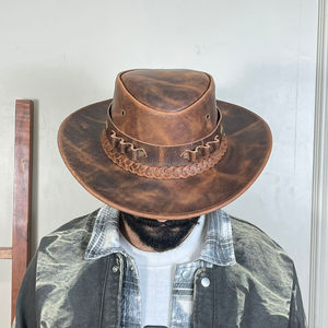 Nuevo Sombrero Vaquero Rústico de Cuero Genuino Marrón Desgastado con Banda Trenzada y Estilo Occidental para Aventuras al Aire Libre - Product Image 4
