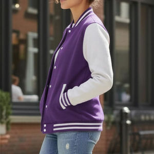 Women's <b>Purple</b> <b>Varsity</b> <b>Jacket</b> Full Sleeve Contrast Color Solid Pattern Button Up Collar Regular Length Autumn Wear - Product Image 2
