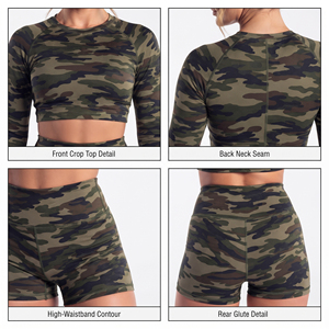 Conjunto Deportivo de Camuflaje para Mujer, Top Corto de Manga Larga, Pantalones Cortos de Cintura Alta, Ropa Deportiva, Conjunto de 2 Piezas, Top y Pantalones Cortos para Entrenamiento - Product Image 6