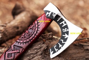 Handmade <b>Axe</b> Damascus Steel Blade Wood <b>Handle</b> With Leather Sheath Outdoor Knife - Product Image 5