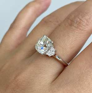 Luxury 9k Gold Plated IGI Certified Cushion Cut Lab Grown Diamond Three Stone Engagement <b>Ring</b> with Half <b>Moon</b> Side Stones Unisex - Product Image 3