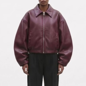 Women’s Oversized <b>Burgundy</b> <b>Leather</b> <b>Jacket</b>, Modern Minimalist Bomber <b>Jacket</b> - Product Image 3