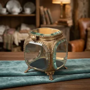 Boîte de rangement en verre biseauté au design exceptionnel, boîte de présentation de bijoux en laiton antique et verre doré, boîte à bagues, boucles d'oreilles, colliers - Product Image 6