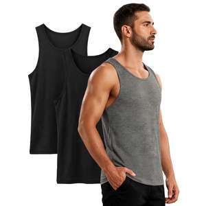 AZ Lucky Sports Men's Cotton Tank <b>Top</b> Solid Color O-Neck Breathable Casual Knitted <b>Vest</b> Gray/<b>Black</b> Sports Stringer 220g Pockets - Product Image 4