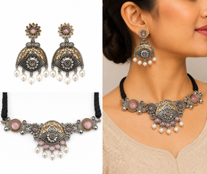 Ensemble de boucles d'oreilles et collier en argent oxydé bicolore style bohème avec pierre Monalisa en forme de goutte d'eau |   Bijoux ethniques de mariage pour femmes - Product Image 1