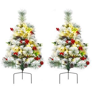 Set of 2 24-Inch <b>Outdoor</b> Battery-Powered Pre-Lit Christmas <b>Trees</b> Flocked Pathway <b>Trees</b> - Product Image 1